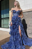 Off The Shoulder Layered Navy Blue Lace Long Prom Dress with Split Vestidos De Dia HZ0311