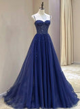 Stylish Navy Blue Spaghetti Straps Tulle Beading Prom Dress Evening Formal Dresses Vestidos De Dia HZ0311