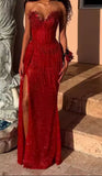 Gorgeous Mermaid Sweetheart Red Sequins Beaded Bodice Slit Prom Dresses Long Formal Party Gown HZ0311