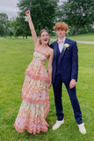 Elegant A Line Spaghetti Straps Floral Print Ruffles Long Prom Dress Party Gowns HZ0311