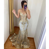Classy Mermaid Spaghetti Straps Gold Sequin Inspo For Black Women Girls Formal Party Gowns Long Prom Dresses HZ0311