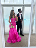 Sexy Mermaid Spaghetti Strap Hot Pink Satin Lace Bodice Long Prom Dresses Inspiration Evening Gowns Formal Party Prom Dress HZ0311