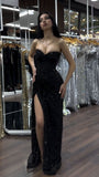 Glamorous Mermaid Sweetheart Black Sequined Long Slit Prom Dresses Formal Gowns HZ0311