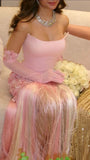 Unique Mermaid Strapless Pink Tassel Prom Dresses With Gloves For Teens Formal Dress Party Outfits Prom Gown HZ0311