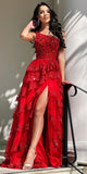 Sparkly A Line One Shoulder Sleeveless Red Lace Sequin With Slit Prom Dresses Inspiration Evening Gowns For Women Formal Party Dress HZ0311