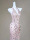 Classy Mermaid Halter Pink Sequin For Senior Teens Girls People Long Prom Dresses Formal Dress 20th Birthday Outfits HZ0311