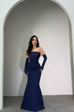 Classy Dark Navy Strapless Mermaid Prom Dress Detachable Sleeves With Beads Zipper Formal Gowns HZ0311