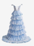 Light Blue Off The Shoulder Tulle Sequin Ruffle Tiered Long Gown with Slit Vestidos De Dia HZ0311
