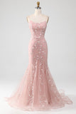 Spaghetti Straps Blush Pink Sparkly Beaded Mermaid Long Prom Dresses Vestidos De Dia HZ0311