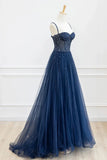 Stylish Navy Blue Spaghetti Straps Tulle Beading Prom Dress Evening Formal Dresses Vestidos De Dia HZ0311