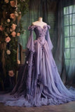Elegant Purple Medieval Prom Dress Off The Shoulder Fairy Long Sleeve 3D Floral Applique Vestidos De Dia HZ0311
