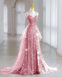 Luxury Evening Dresses Train Bride Beach Party Gold Sequins Douber Straps Prom Dresses Formal Gowns HZ0311
