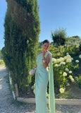 Pretty Mermaid One Shoulder Mint Green Chiffon With Scarf Long Prom Dresses Formal Dress 18th Birthday Outfits Party Gowns HZ0311
