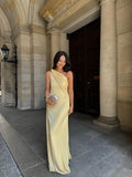 Unique Sheath One Shoulder Yellow Chiffon Pleated Prom Dresses Long Party Dress Wedding Guest Birthday Outfits Gown HZ0311