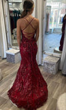 Glitter Mermaid Spaghetti Straps Burgundy Sequins Long Prom Dresses Party Dress For Women HZ0311