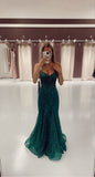 Charming Mermaid Spaghetti Strap Dark Green Tulle Long Prom Dresses Inspiration Evening Gowns Formal Party Prom Dress HZ0311