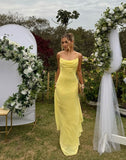 Simple A Line Ruffles Decoration Long Prom Dress Women Spaghetti Strap Yellow Chiffon Sleeveless Vacation Wedding Guest Gown HZ0311
