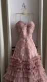 Ball Gown Sweetheart Tiered Ruffled Tulle Long Prom Dress Pink Evening Dresses Sweet 15 16 Gown HZ0311