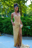 Sparkly Senior Prom Dresses High Schools Inspiration Mermaid Sweetheart Gold Split Sequins Long Semi Formal Grad Prom Dress For Black Girls Teens HZ0311