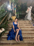 Custom Dark Blue Satin Corset Prom Dress Ruffle Princess Gown Elegant Evening Gowns with Slits HZ0311