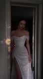 Beige Off Shoulder Mermaid Sequin Long Prom Dresses Elegant Evening Gowns with Slits HZ0311