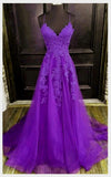 Vintage A line Spaghetti Strap Purple Lace Long Prom Dresses Senior Graduation Dance Evening Outfits HZ0311