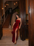 Simple Mermaid Strapless Burgundy Velvet With Slit Long Prom Dresses Formal Dress Party 20th Birthday Outfits HZ0311