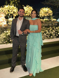 Elegant A line Strapless Blue Tiered Chiffon With Scarf Long Formal Fancy Evening Dress Dinner Outfits Classy Party Gowns HZ0311