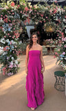 Gorgeous A line Strapless Sleeveless Fuchsia Chiffon Multi Layers Bodice Prom Dresses Long Formal Party Gown HZ0311