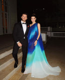 Modest A line One Shoulder Chiffon Multi Ombre Color Green Blue Senior Prom Dresses Long Formal Party Gown HZ0311