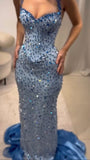 Sexy Mermaid Straps Sequin Blue With Beaded Bodice Long Prom Dresses Formal Dress Birthday Outfits Party Gowns HZ0311