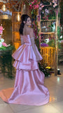 Chic Sheath High Low Strapless Pink Satin With Gloves Prom Dresses Sleeveless Formal Dresses HZ0311