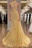 Yellow Evening Dress Long High Neck Sparkly Feather Luxury Bling Evening Gown Formal Prom Dress HZ0311