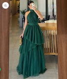 Elegant Halter Tiered Prom Dress A-Line Tulle Sleeveless Evening Dress Saudi Arabia Formal Party Gowns HZ0311