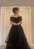 Elegant Ball Gown Off The Shoulder Black Tulle Pleated Long Evening Prom Dresses HZ0311