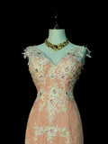 Vintage Mermaid V Neck Pink Tulle With Lace Appliques 2000s Senior Prom Dresses High School Long Formal Dress HZ0311