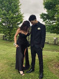 Classy Mermaid Spaghetti Strap Black Satin Slit Prom Dresses Inspo For Teens Formal Dress Party Outfits Prom Gowns HZ0311