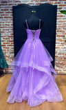 Sparkly Ball Gown Spaghetti Strap Lilac Tulle Long Prom Dresses Senior Graduation Dance Evening Outfits HZ0311