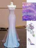 Glitter Mermaid Square Neck Pink Blue Silver Beaded Long Prom Dresses Inspiration Evening Gowns For Women Formal Party Dress HZ0311