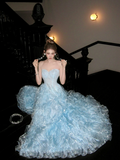 Modest Ball Gown Off The Shoulder Blue Organza With Long Cape Sleeves Tiered Layered Prom Dress Aesthetic Long Graduation Evening Outfits HZ0311