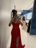 Sexy Mermaid Strapless Red Sequins Inspo With High Split Formal Party Gowns Long Prom Dresses HZ0311