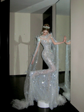 Shimmer Mermaid Long Sleeve Sequin Wedding Dress With Cape Feather Fairytale Brides Gown Wedding Dresses HZ0311