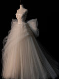Romantic Women's Ball Gown Square Neck 80s With Lace Bow-knot Pleated Tulle weep Train Wedding Dresses HZ0311