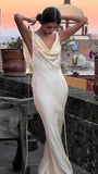 Sexy Backless Satin Sheath Cowl Neck Prom Dress Long Evening Dress HZ0311