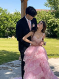 Pretty Off The Shoulder Pink Lace Slit Long Formal Prom Dresses Party Dresses HZ0311