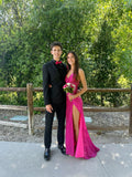 Sparkle Mermaid Spaghetti Strap Hot Pink Sequin With Slit Long Prom Dresses Formal Gown Inspo Evening Outfit HZ0311