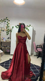 Modest A line Spaghetti Strap Burgundy Satin Slit Prom Dresses Sleeveless Long Formal Party Gown HZ0311