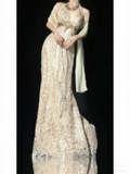 Modest A line V Neck Champagne Lace College Formal Outfit Long Prom Graduation Dresses For Teens HZ0311