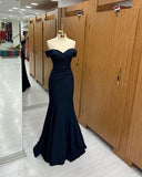 Navy Blue Off-the-shoulder Sweetheart Short Sleeves Long Mermaid Prom Dress Birthday Outfits HZ0311