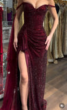Glamorous Dark Off The Shoulder Burgundy Sequined Long Slit Prom Dresses Mermaid With Beads HZ0311
